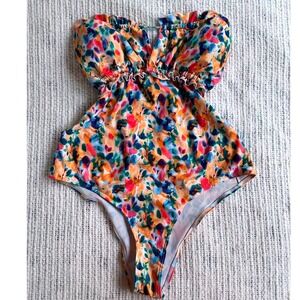 One Piece Swimsuit Womens Large Multicolor Excellent Ruffle Strapless Tie Back